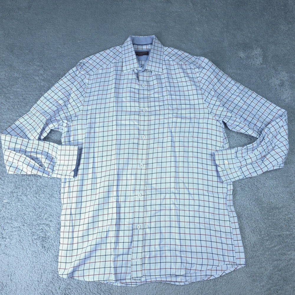 Johnston & Murphy Shirt Mens Large Blue Check Long Sleeve Regular Fit Dress